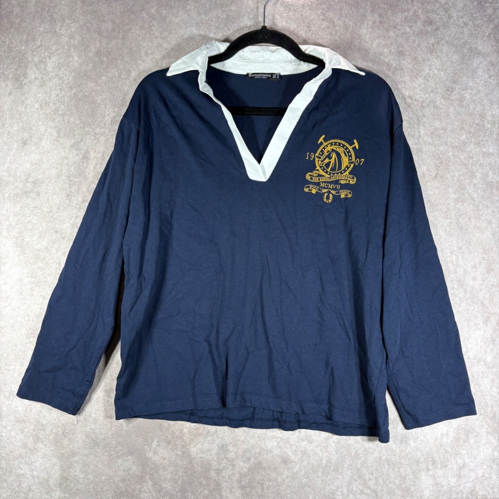 Stradivarius Polo Shirt Womens XS Navy Equestrian Crest Rugby Preppy Long Sleeve